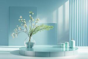 Serene aquamarine blue minimalist podium for luxury products display photo
