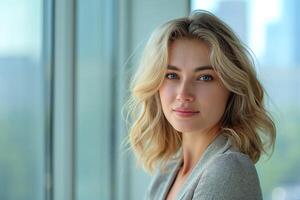 A blonde woman with a short haircut is standing in front of a window photo