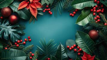 Christmas frame with red baubles, tropical leaves, and holly berries on a teal background photo