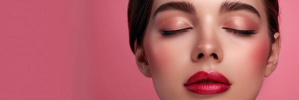Glamorous beauty close-up with red lipstick on a vibrant pink background photo
