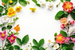 un vistoso ramo de flores de flores es arreglado en un circulo en un blanco antecedentes foto