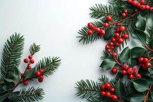 un blanco antecedentes con rojo bayas y verde hojas, Navidad bandera diseño, vacío espacio foto