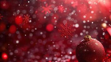 Festive Christmas red background with a solitary snowflake-adorned bauble photo