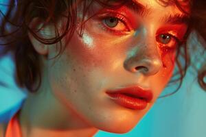 Intense close-up of a young model with glistening skin and sparkling makeup under vibrant red and blue lights, exuding a modern, edgy vibe photo