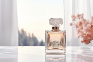 Elegant perfume bottle on a light, airy background with soft focus flowers photo