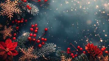 A blue Christmas background with red berries and snowflakes photo