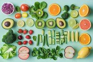 An overhead view of an array of vibrant and fresh fruits and vegetables neatly organized on a pastel green background photo