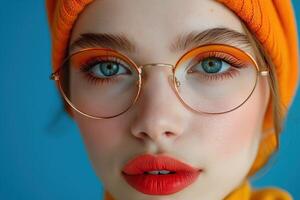 A woman with orange hair and glasses is wearing red lipstick photo