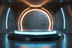 Futuristic neon-lit circular portal on a spaceship, perfect for product showcasing photo