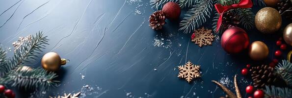 A blue background with a bunch of Christmas decorations including red photo