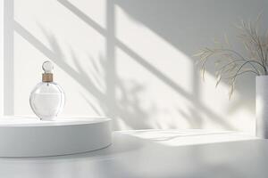 A white vase with a clear bottle of perfume sits on a white pedestal photo