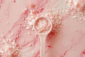 A pink spoon with salt on it photo