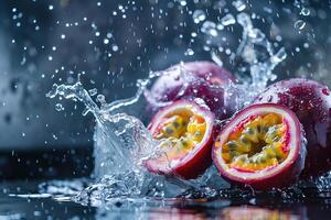 A bunch of red fruit with water splashing around them photo