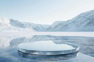 A large, clear, circular ice empty stage on a frozen lake photo