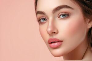 Close-up of a young woman with perfect skin and natural makeup. Beauty design banner photo