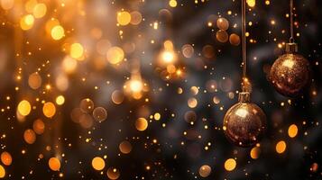 A Christmas scene background with two golden ornaments hanging from a tree photo