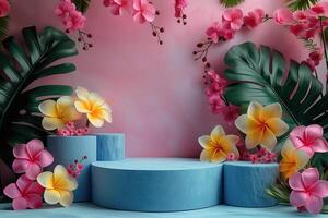 A blue pedestal with a pink background and a bunch of flowers on it photo