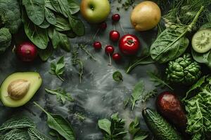 Variety of fresh green vegetables and fruits on a dark moody surface, healthy food concept photo