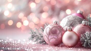 rosado y blanco Navidad adornos en un mesa. brillar bandera antecedentes foto