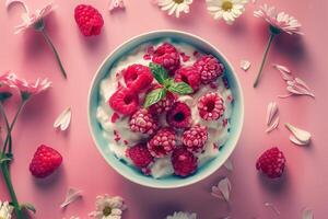 Aesthetic dessert presentation with ripe raspberries and yogurt on a soft pink backdrop photo