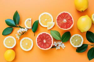 Fresh citrus fruit slices with green leaves on vibrant orange backdrop photo