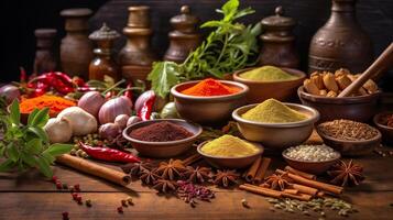 Wooden table filled with various varieties of spices photo