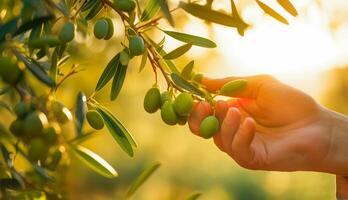 aceituna árbol con mano cosecha aceitunas foto