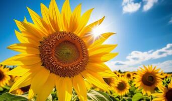 sunflower field with blue sky and sun photo