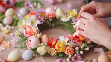 un mujer es decorando un Pascua de Resurrección guirnalda con flores foto