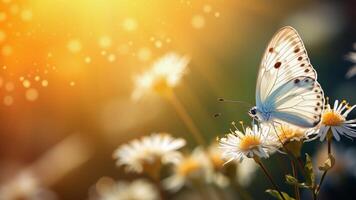 un blanco mariposa es sentado en un margarita flor foto