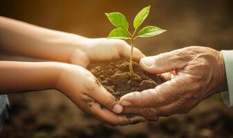 two hands holding a young plant in soil photo