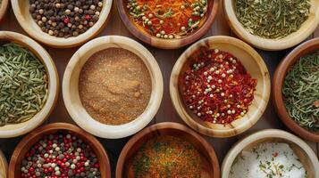 Assorted Spices in Bowls. Spice Background on Table, Top View photo