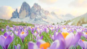 purple crocuses in the mountains with snow capped peaks photo