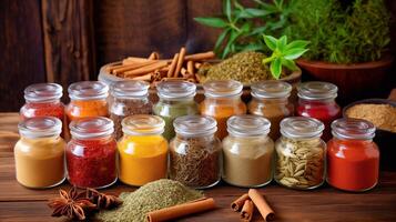 Glass jars with various spices on wooden table photo