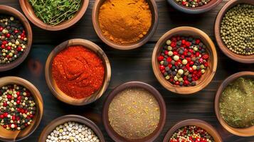 Assorted Spices in Bowls. Spice Background on Table, Top View photo