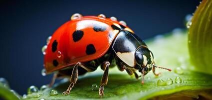 un mariquita es sentado en un verde hoja foto