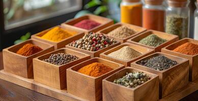 Various varieties of spices in wooden containers photo