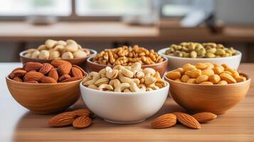 Some bowls with assorted dried fruits photo