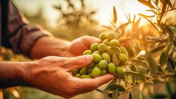 olive tree in the field with hands holding green olives photo