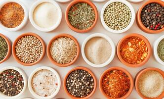 Assorted Spices in Bowls. Spice Background on Table, Top View photo