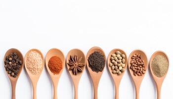 Aromatic Spices Held by Wooden Spoons on White Background photo