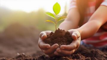 a child holding a small plant in soil photo