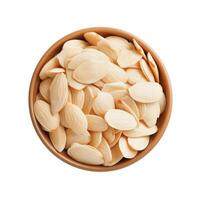 Bowl of peeled whole almonds isolated on white from above photo