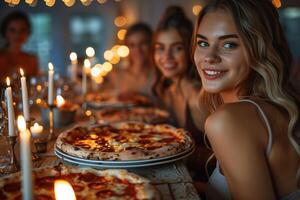 simpático reunión con alumbrado por velas cena y Pizza foto