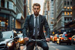 Stylish young businessman rides his bicycle in a bustling urban environment at twilight photo