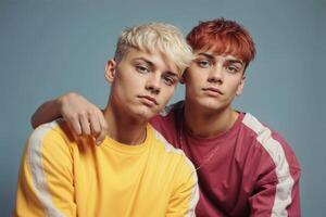 Portrait of two young men with colorful hairstyles photo