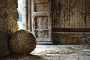 Abandoned barn interior with hay bale photo