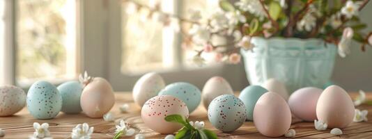 Serene easter table setting with decorated eggs and spring flowers photo