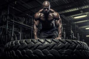 muscular atleta voltear neumático en gimnasio foto