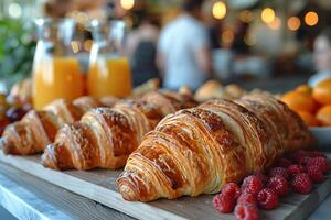 Close-up of delicious croissants with raspberries on a board, with orange juice in the background photo